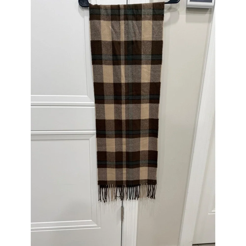Brown Plaid Cashmere Blend Scarf Tan Grey Checkered Winter Fringe Wrap Accessory